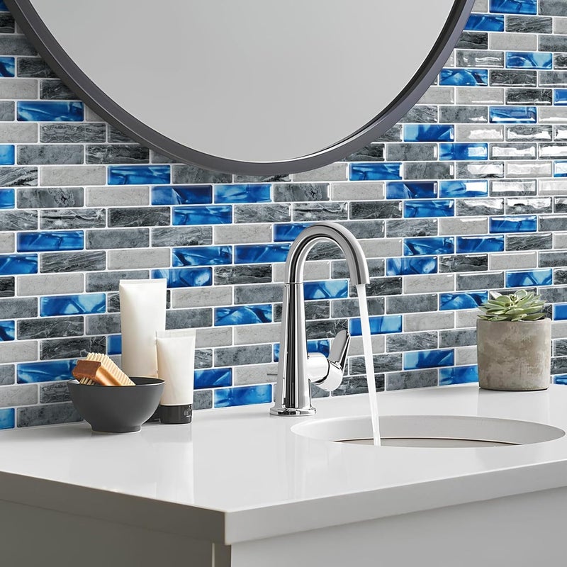 DEWOO Kitchen Backsplash Self Adhesive Wall 3D Marble Tiles Peel and Stick Bathroom, Blue (10-Sheet, 12"×12") - Image 3